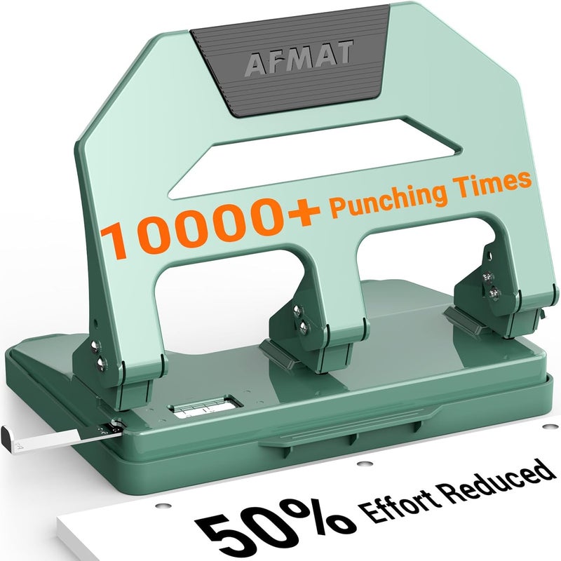 AFMAT Heavy Duty 3 Hole Puncher, 40-Sheet Three Hole Punch Heavy Duty, 50% Reduced Effort Paper Punch, 10K+ Uses, Metal Hole Puncher 3 Ring w/Large Tray, Bulit-in S.S. Paper Guide HPX2(Green) - Image 1